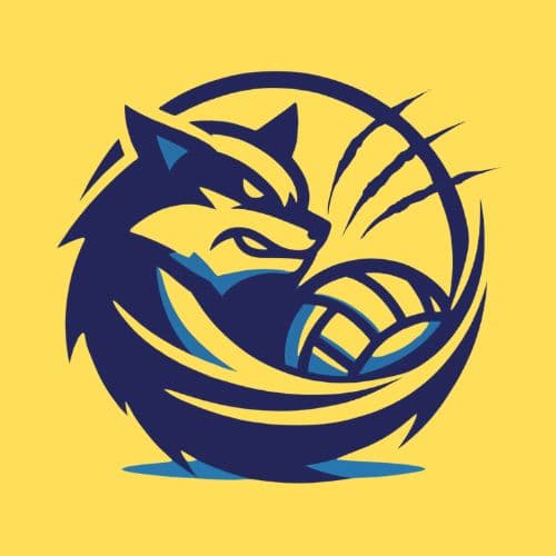 Blue fox wrapping around a volleyball on a yellow field
