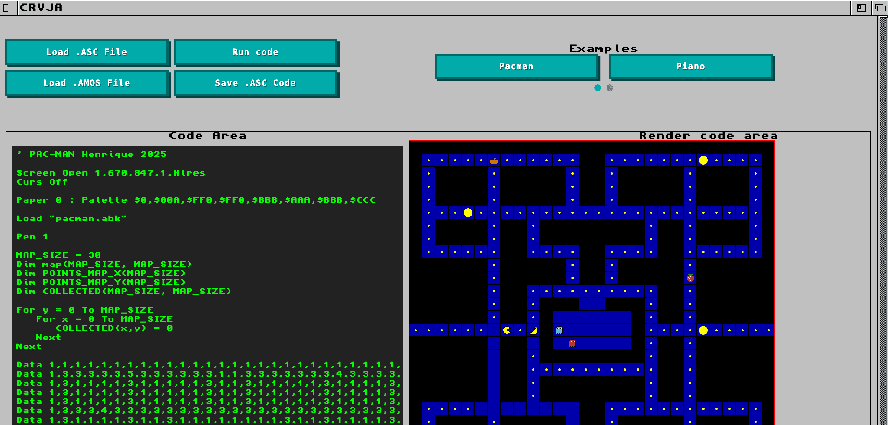 CINA browser IDE running an AMOS Pac-Man example beside its source code