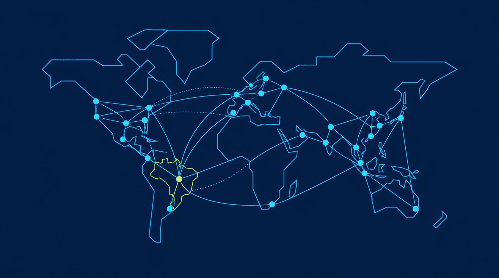World map connected by a research collaboration network centered on Brazil